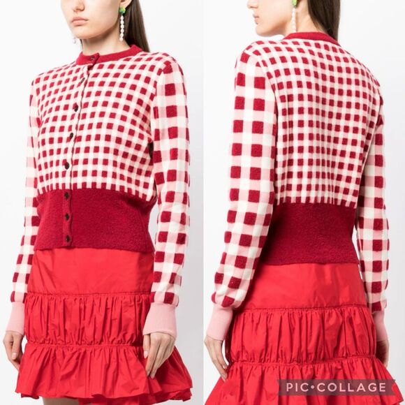 Molly Goddard Toni Gingham Cotton Wool Cardigan Sweater Womens Small Red Pink - Picture 1 of 11